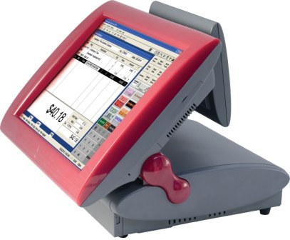 red POS all in one computer with Keystroke software displayed