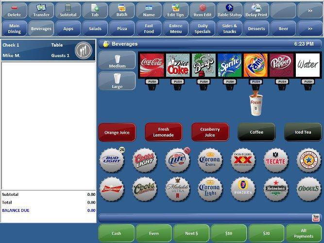 all in one POS touchscreen showing available beverages
