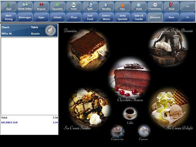 restaurant POS or PC computer screen showing desserts