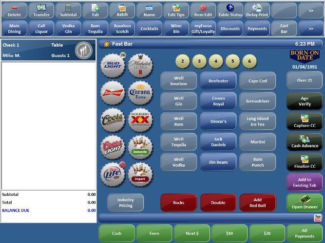 restaurant POS or PC computer screen showing bar items